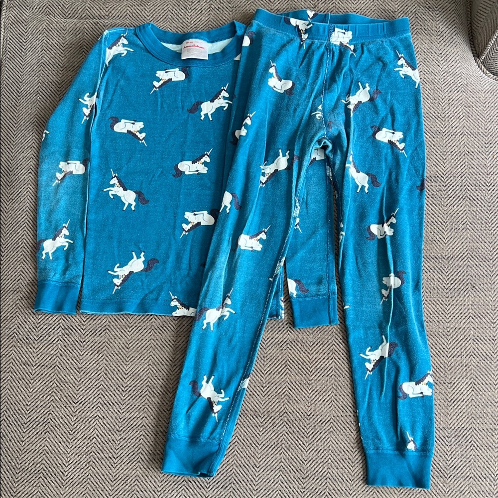 Hanna Andersson size 6–7 Teal Unicorn Pajama Set, long sleeved, organic cotton